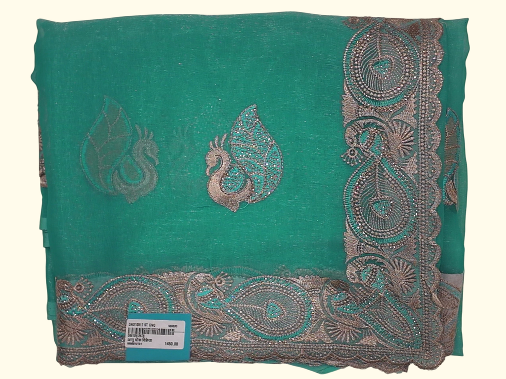 Peacock Elegance: Teal Art Silk Saree with Intricate Embroidery", - Image 1_no_bg