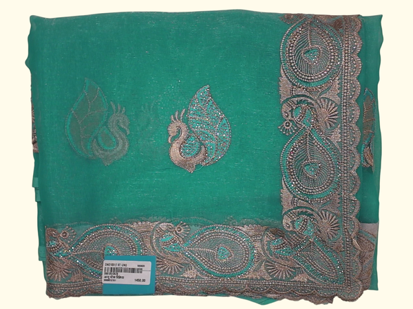 Peacock Elegance: Teal Art Silk Saree with Intricate Embroidery", - Image 1_no_bg