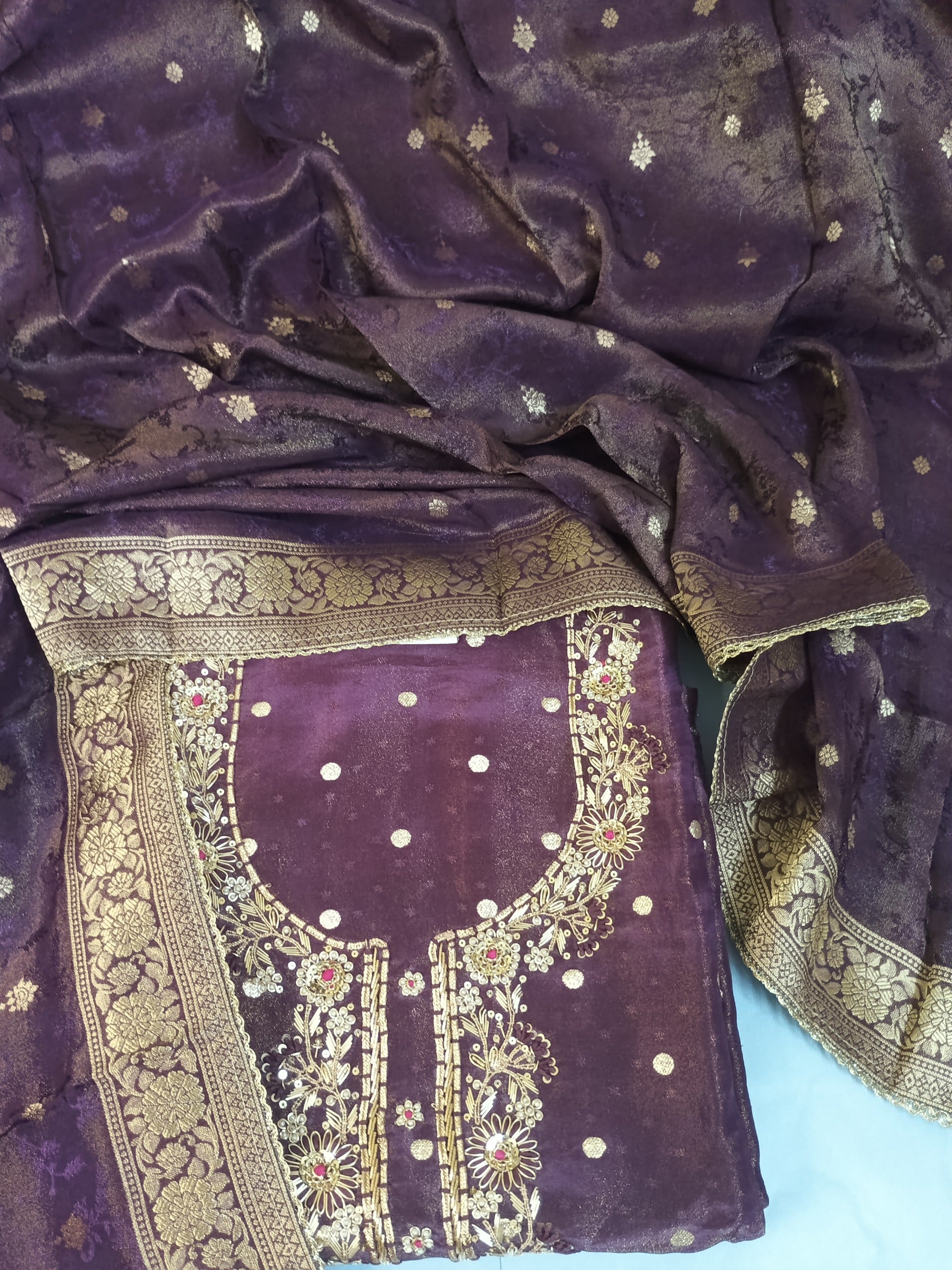 Royal Purple Valvet Suit with Heavy Zari Embroidery & Banarasi Women Duptta