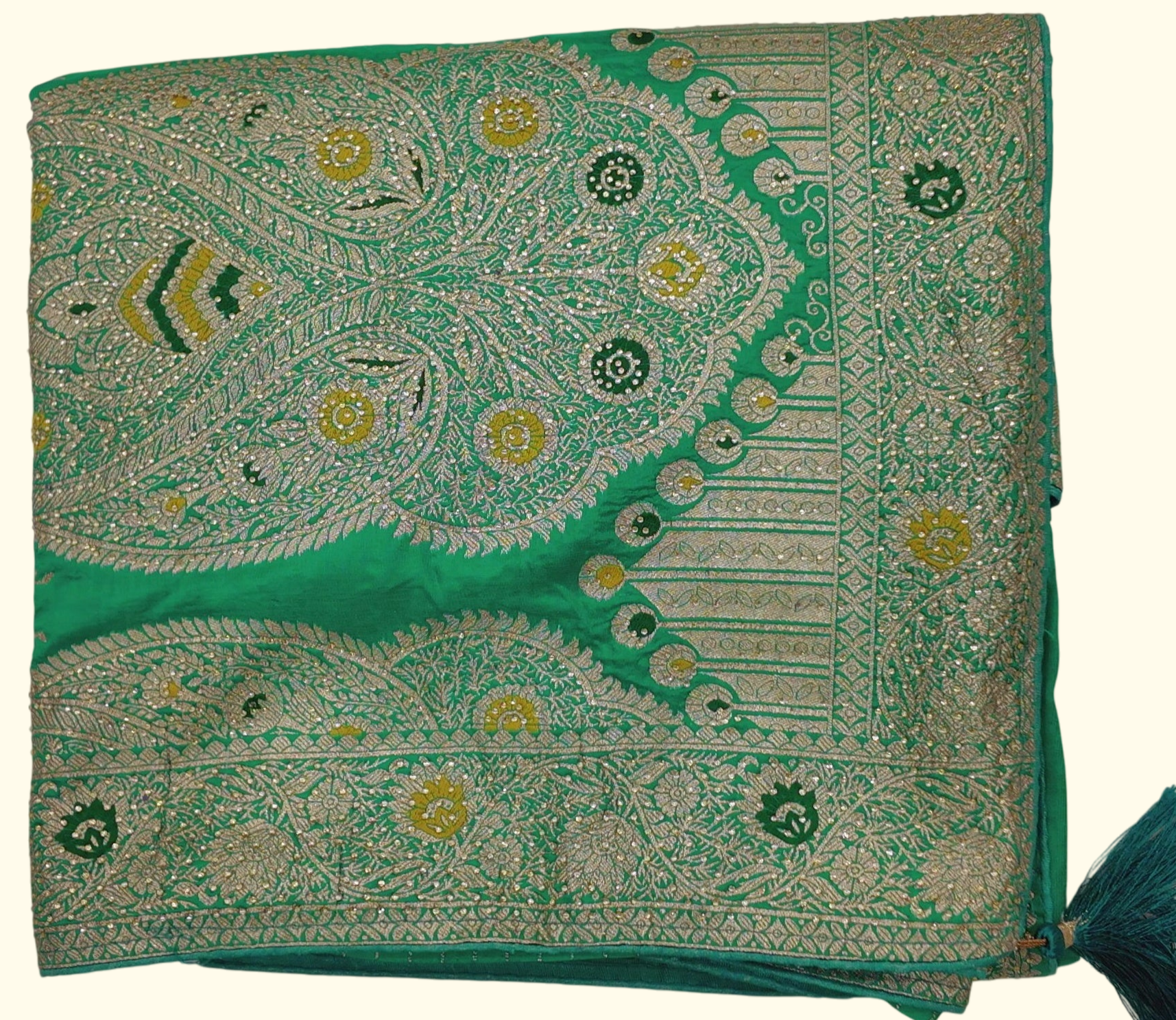 Radiant Emerald Saree with Intricate Silver Embroidery", - Image 1_no_bg