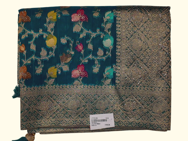 Regal Peacocks: Handcrafted Teal Banarasi Art Saree", - Image 1_no_bg
