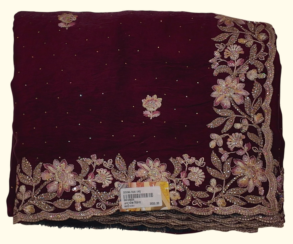 Rich Maroon Saree with Intricate Floral Embroidery", - Image 1_no_bg