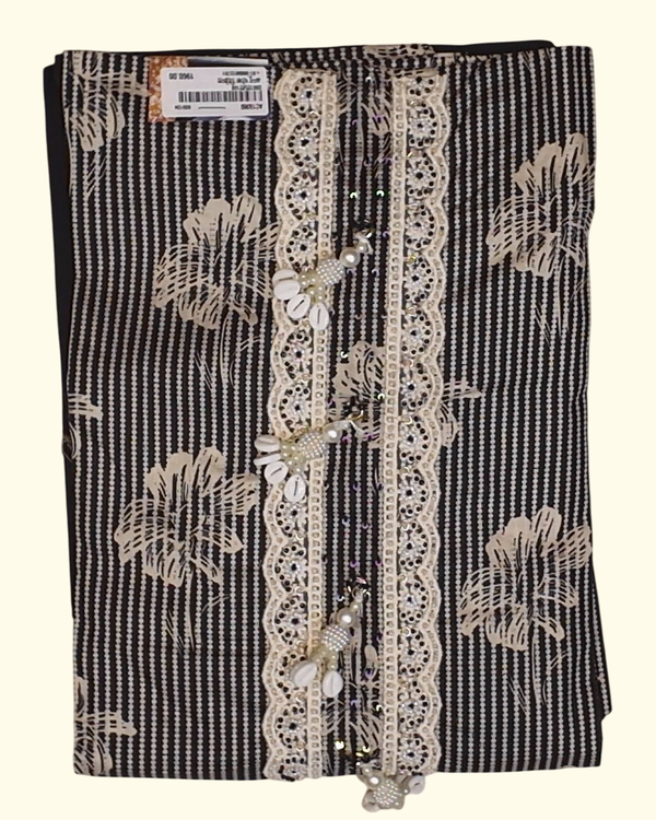 Timeless Charm: Classy Black & Cream Unstitched Suit Set", - Image 1_no_bg