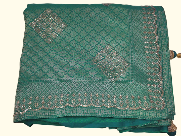 Vibrant Emerald Green Saree with Intricate Silver Detailing", - Image 1_no_bg