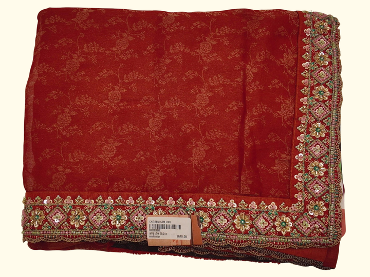 Vibrant Red Saree with Intricate Floral Embroidery", - Image 1_no_bg