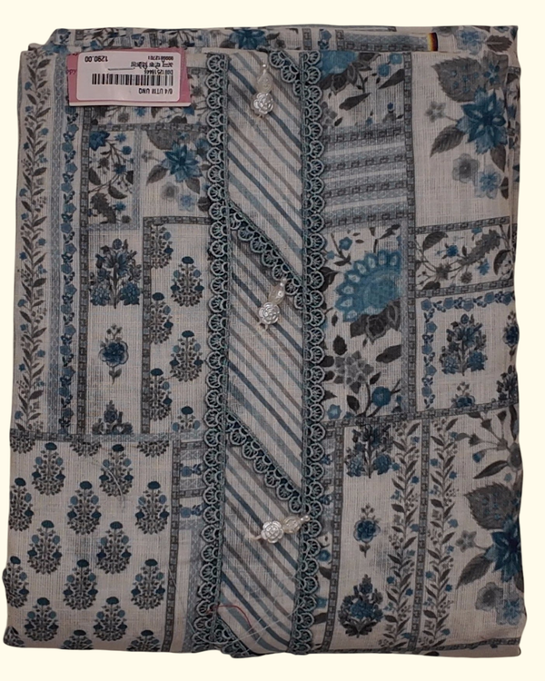 Whimsical Blooms: Artistic Grey & Blue Unstitched Suit", - Image 1_no_bg