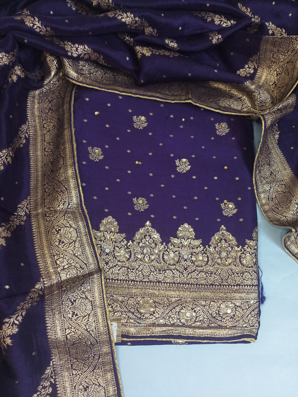 Regal Purple Unstitched Suit with Heavy Golden Embroidery