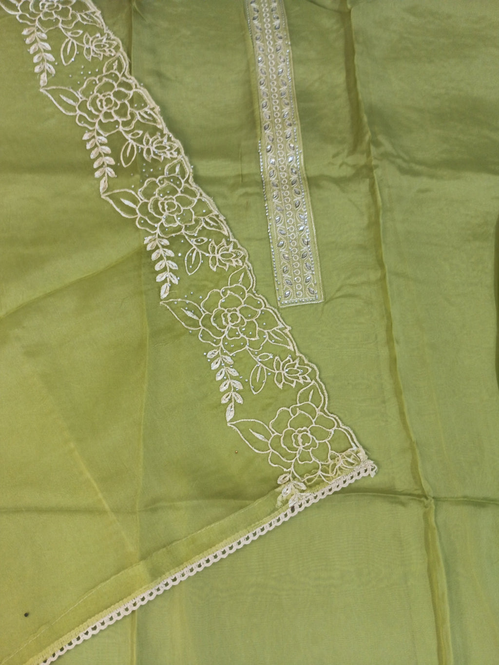 Lime Green Embroidered Suit with White Thread Work