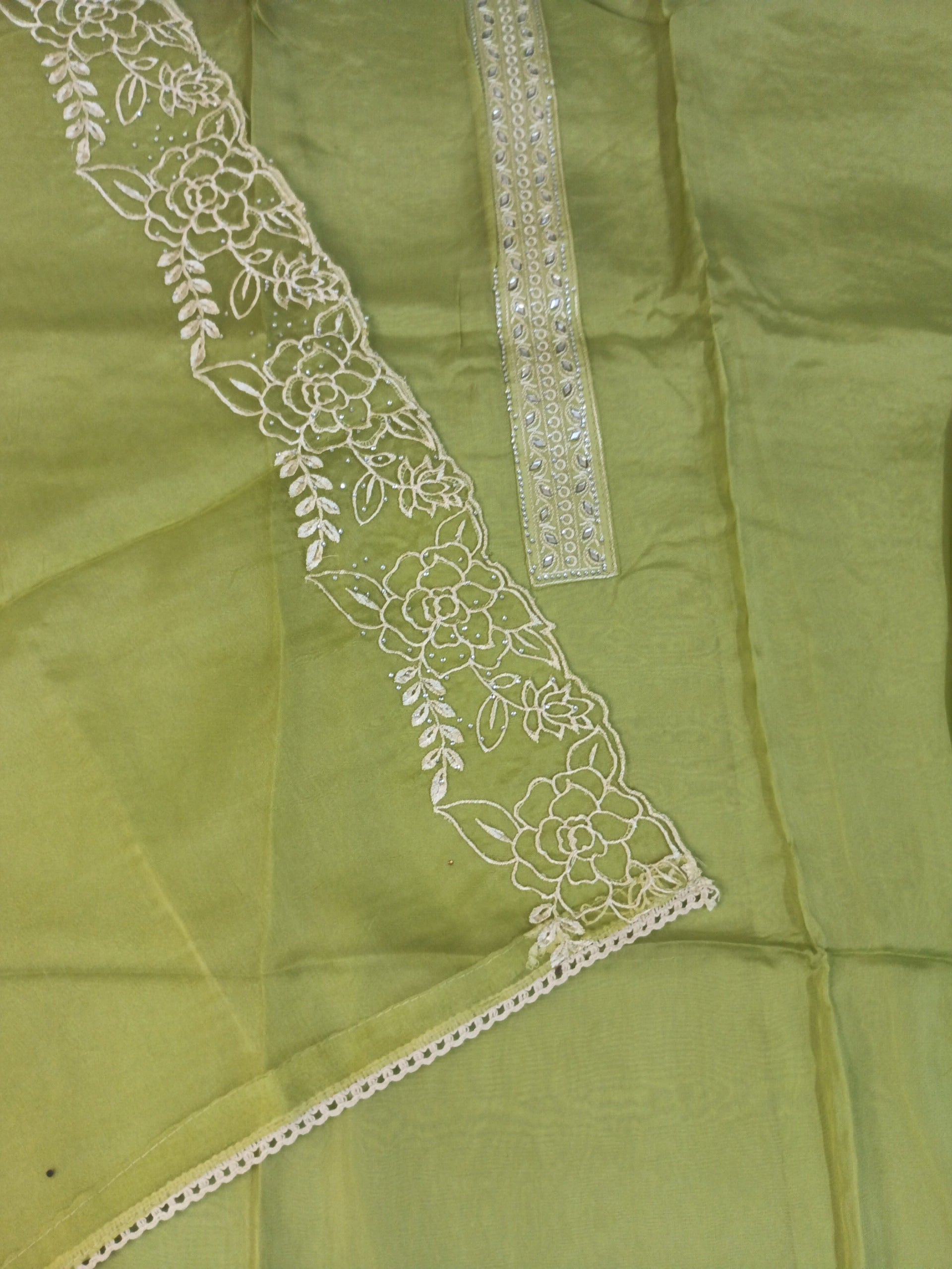 Lime Green Embroidered Suit with White Thread Work