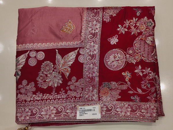 Opulent Maroon & Pink Heritage Saree with Intricate Embroidery",