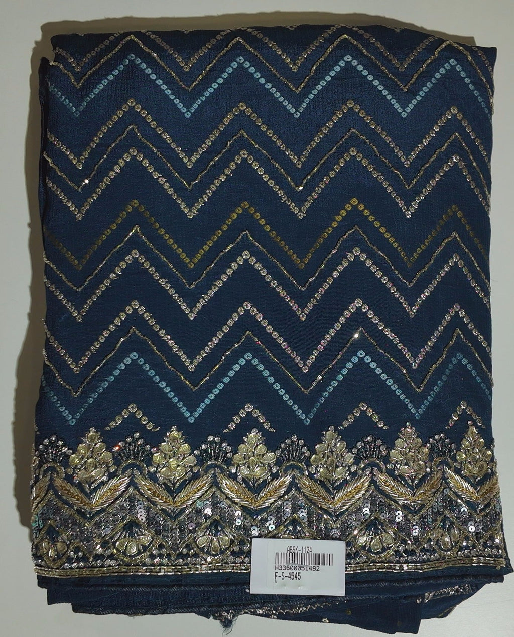 Gleaming Navy Unstitched Suit with Chevron & Floral Accents",