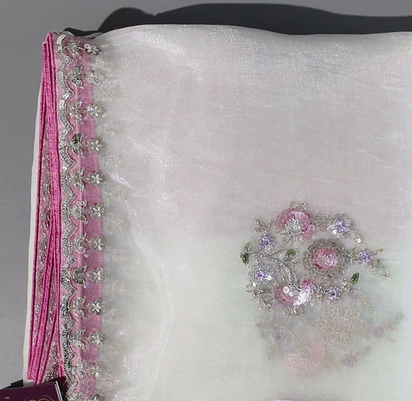 Whispers of Spring: Enchanting Chiffon Saree with Floral Intricacies",