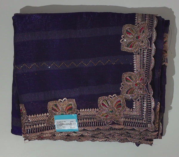 Midnight Blossom: Festive Purple Saree with Intricate Embroidery",