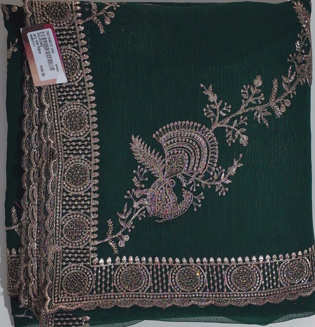 Luxurious Green Embroidered Saree with Peacock Motifs",
