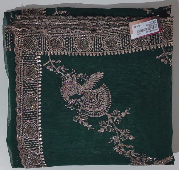 Luxurious Green Embroidered Saree with Peacock Motifs",