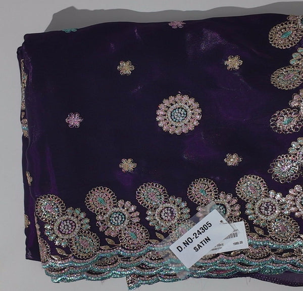 Majestic Midnight Purple Satin Saree with Exquisite Embellishments",