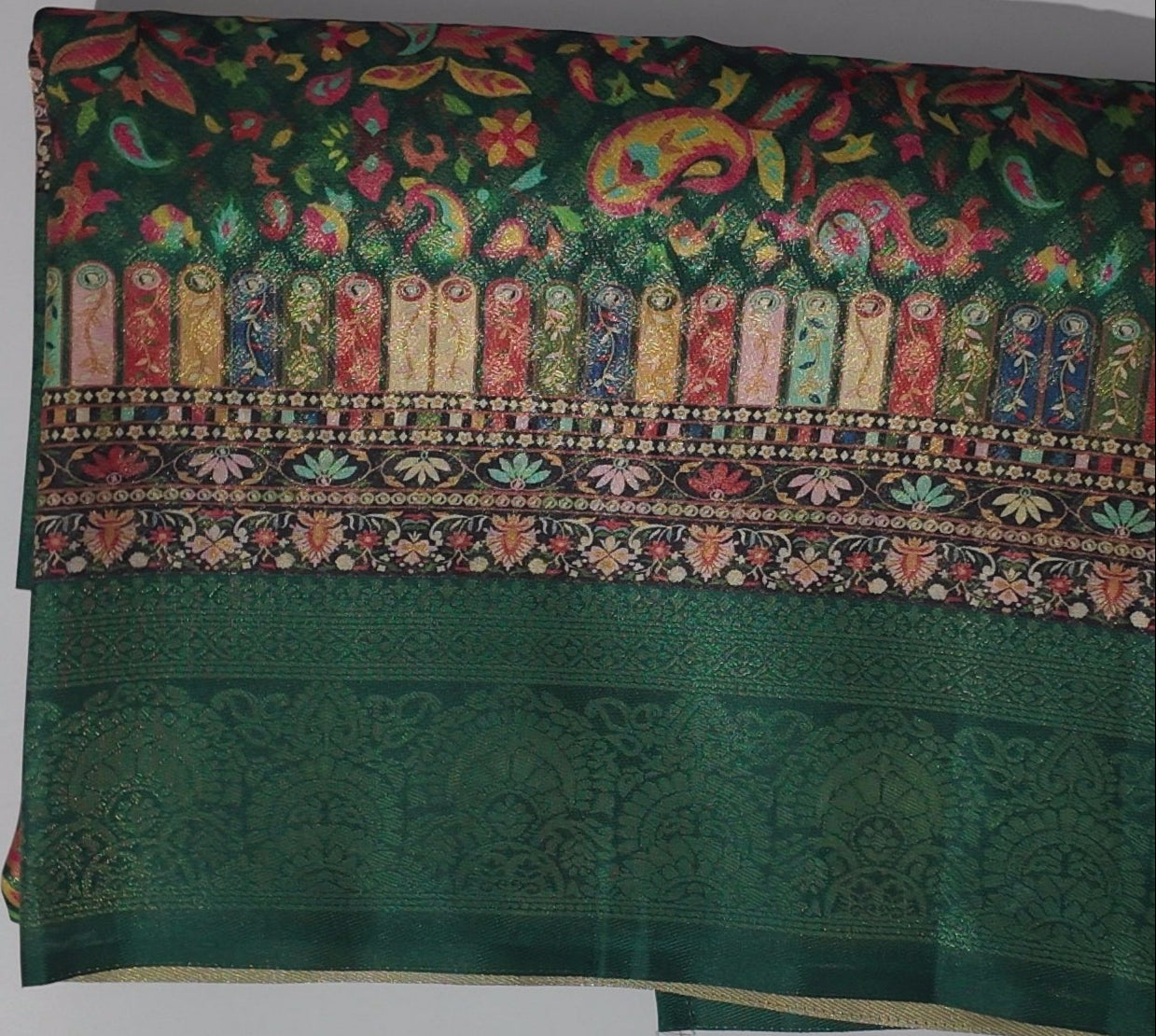 Vibrant Forest Green Saree with Festive Motifs",