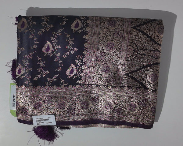 Regal Midnight Blue Saree with Intricate Gold Brocade",