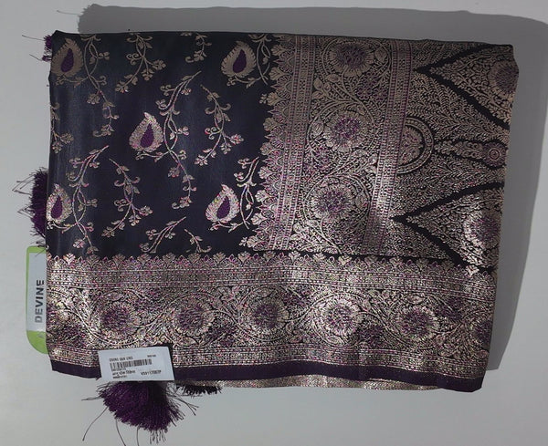 Midnight Aubergine Saree with Intricate Silver Paisley Weave",