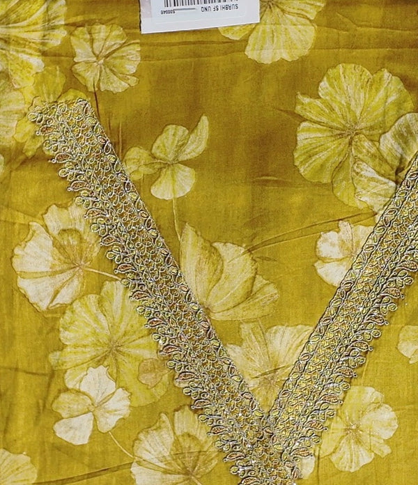 Golden Bloom Unstitched Suit: Radiant Floral Elegance",