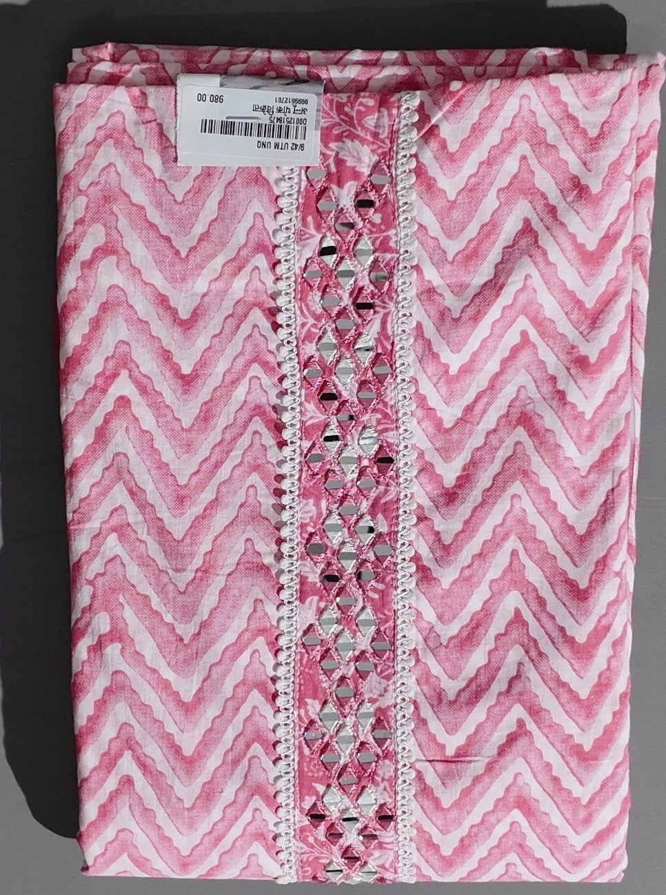 Zigzag Allure: Pink Chevron Unstitched Suit with Mirror Embellishments