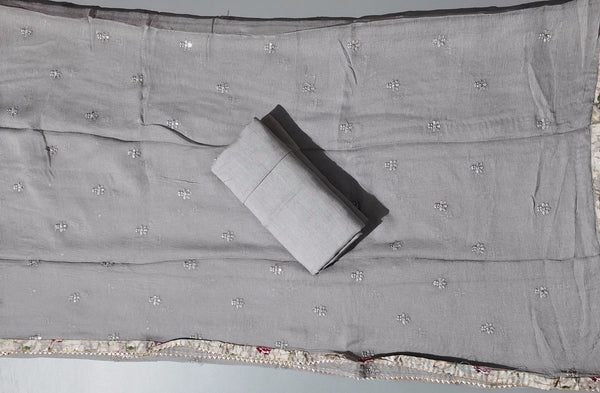 Graceful Grey Unstitched Suit with Intricate Floral Accents",