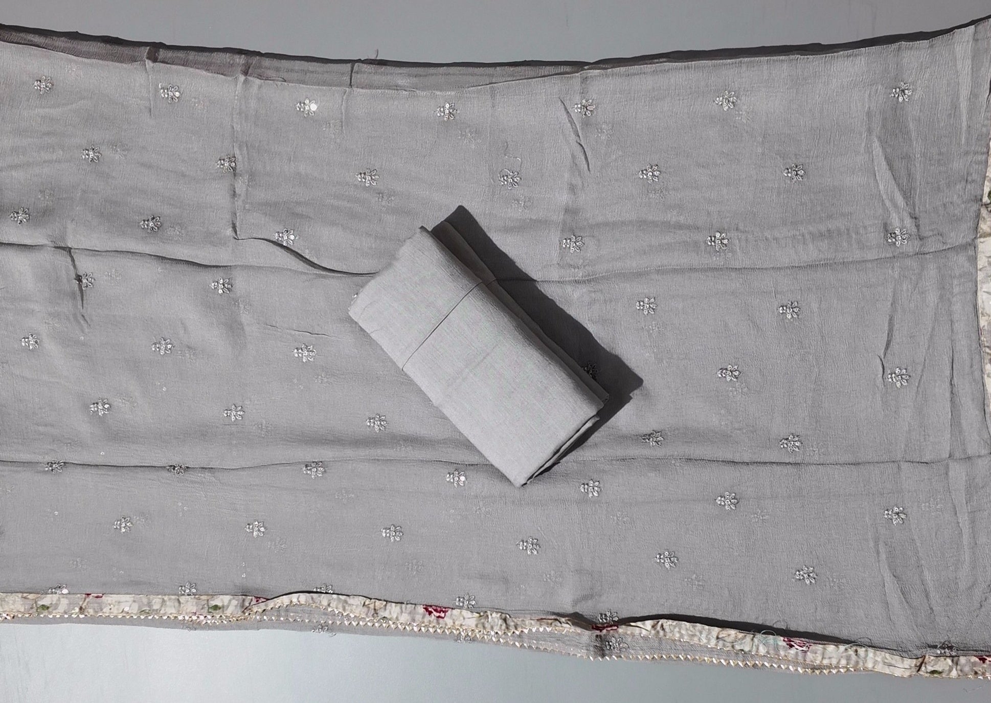 Chic Serene Grey: Handcrafted Unstitched Suit with Subtle Embroidery