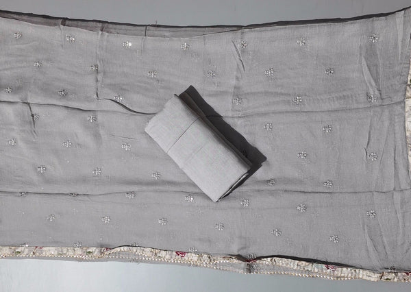 Chic Serene Grey: Handcrafted Unstitched Suit with Subtle Embroidery",