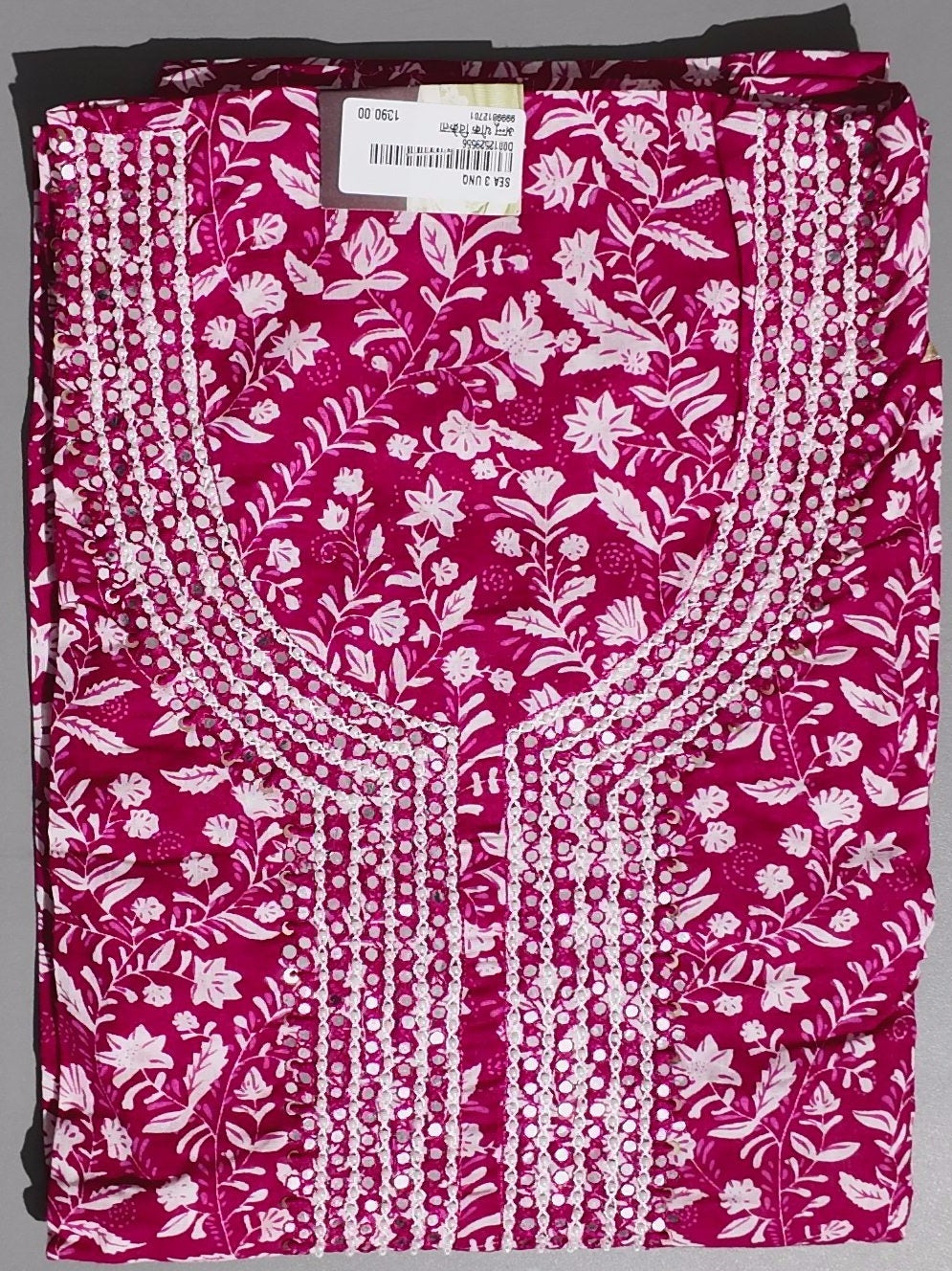 Vibrant Floral Fuchsia Unstitched Suit with Embellished Neckline