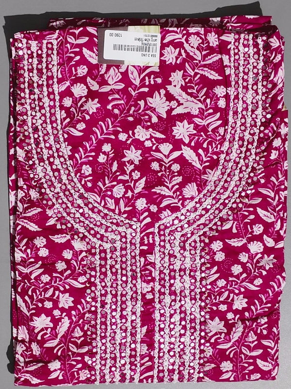 Vibrant Floral Fuchsia Unstitched Suit with Embellished Neckline",