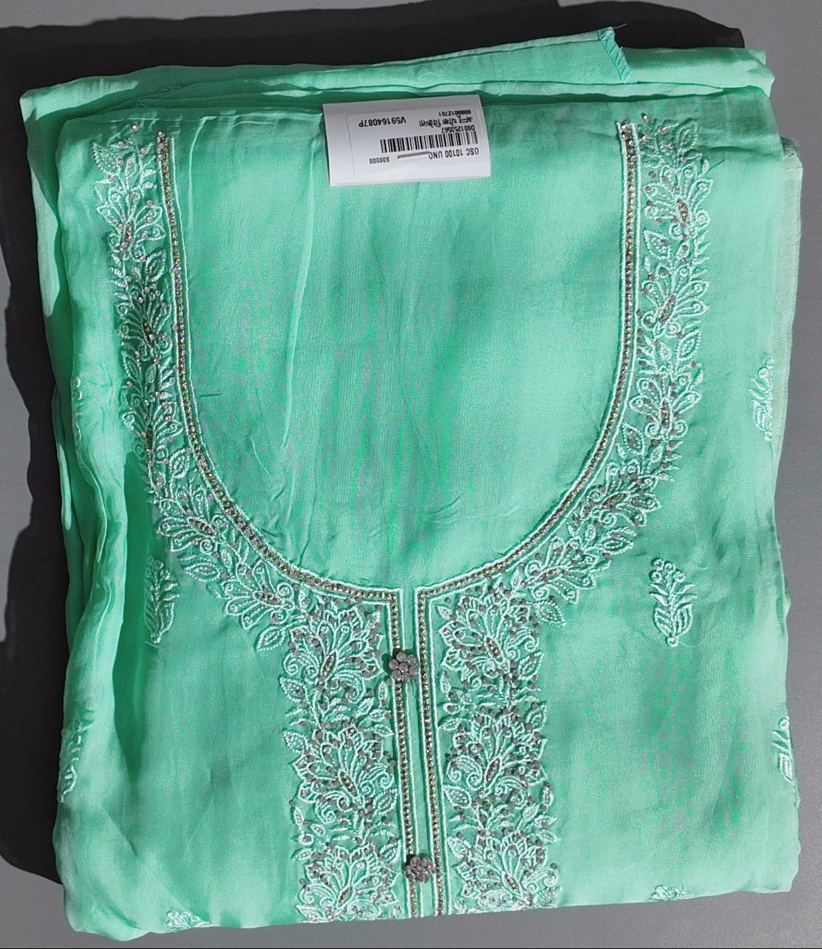 Mint Whisper: Exquisite Unstitched Suit with Delicate Embroidery",