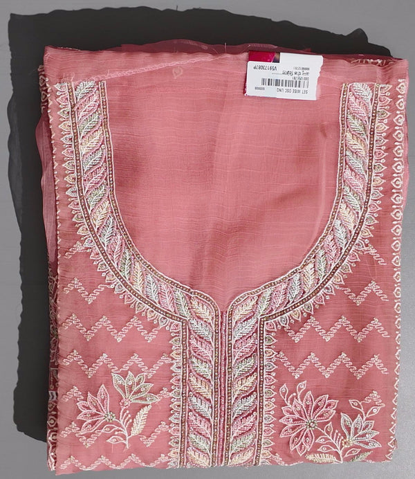 Blossom Delight: Unstitched Embroidered Suit in Coral Hues",