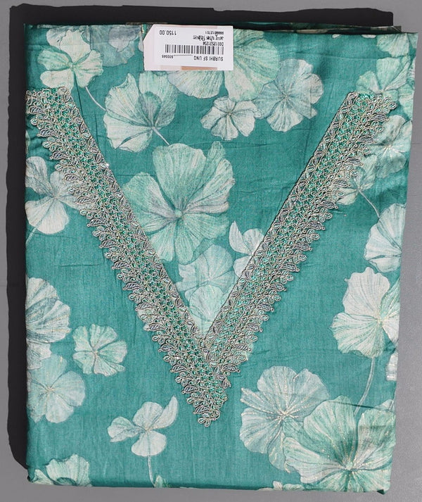 Serene Aqua Blossoms: Unstitched Suit with Intricate Lace",