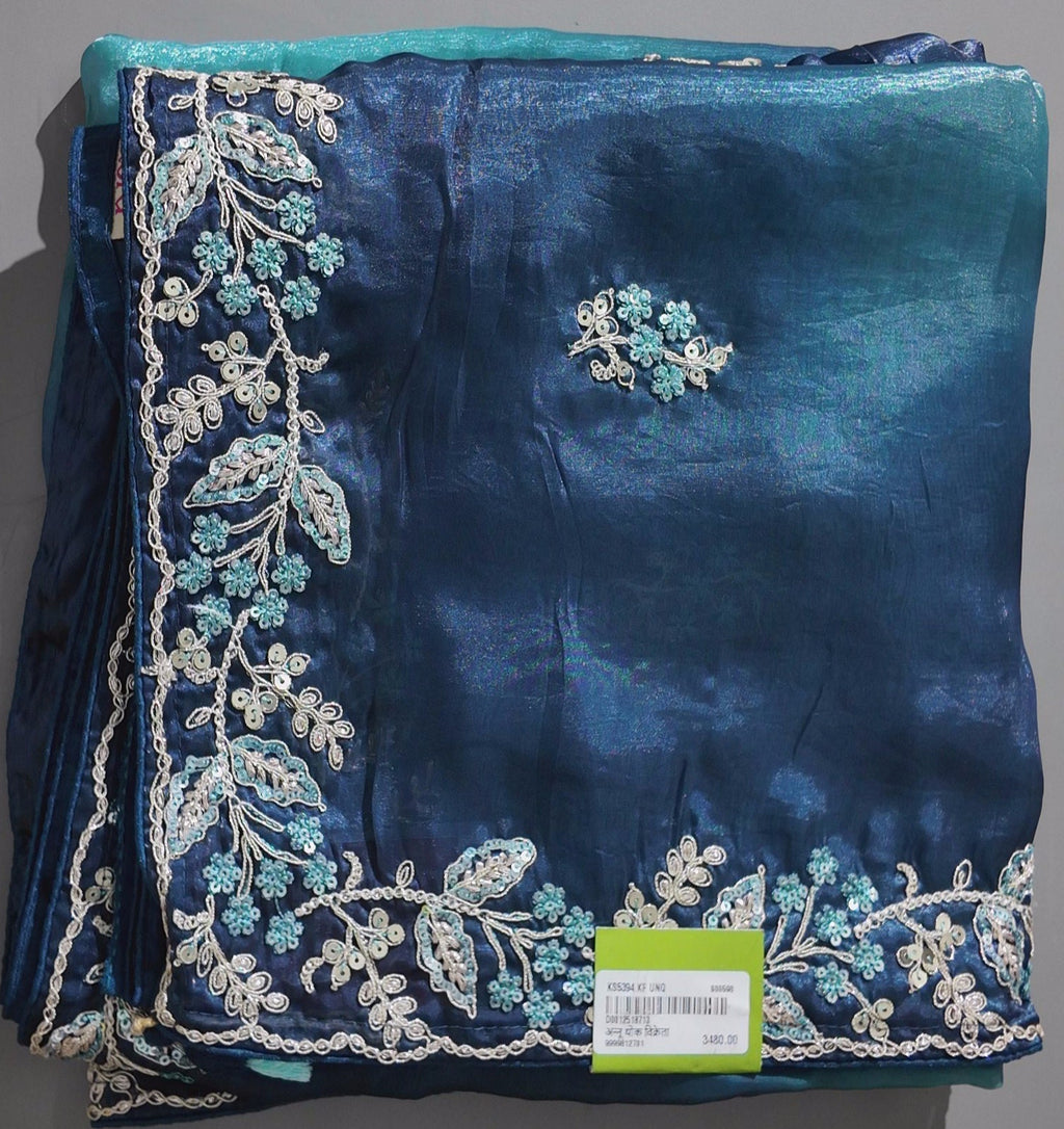 Midnight Indigo Unstitched Suit with Intricate Floral Embroidery",