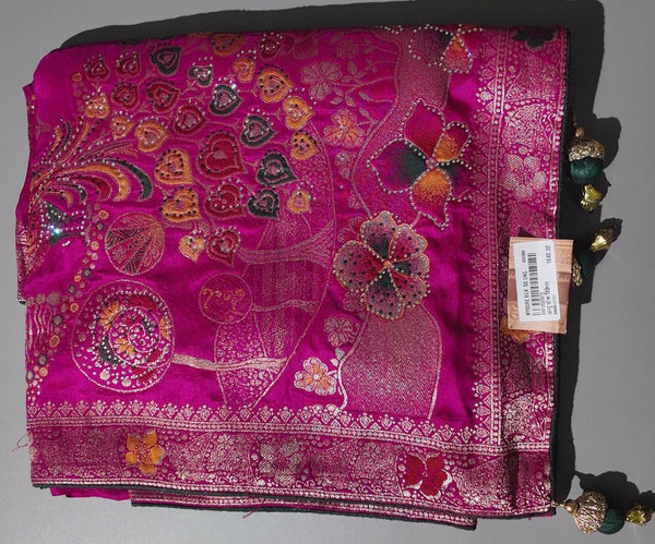Vibrant Fuchsia Unstitched Suit with Intricate Floral Embroidery",