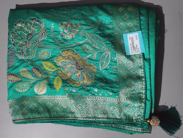Enchanting Teal Floral Tapestry Unstitched Suit",