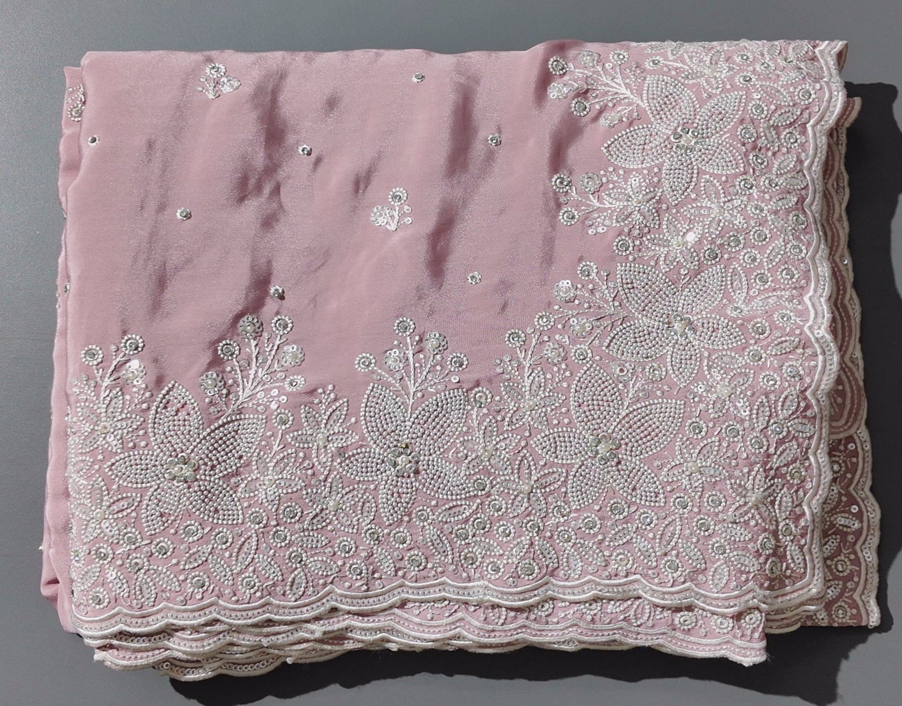 Blush Pink Blossom Saree with Intricate Embroidery",