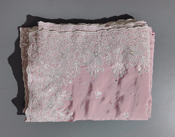 Blush Pink Blossom Saree with Intricate Embroidery",