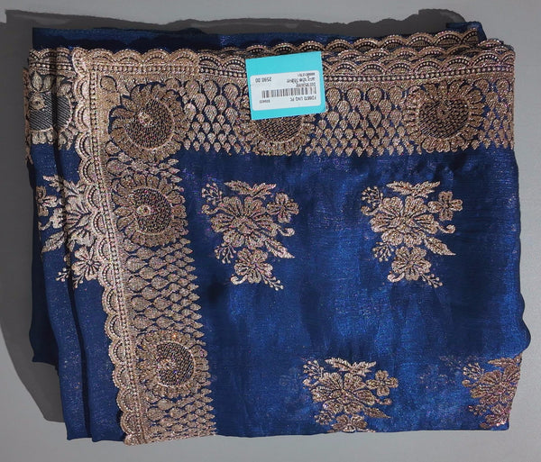 Royal Blue Gossamer Saree with Intricate Gold Embroidery",