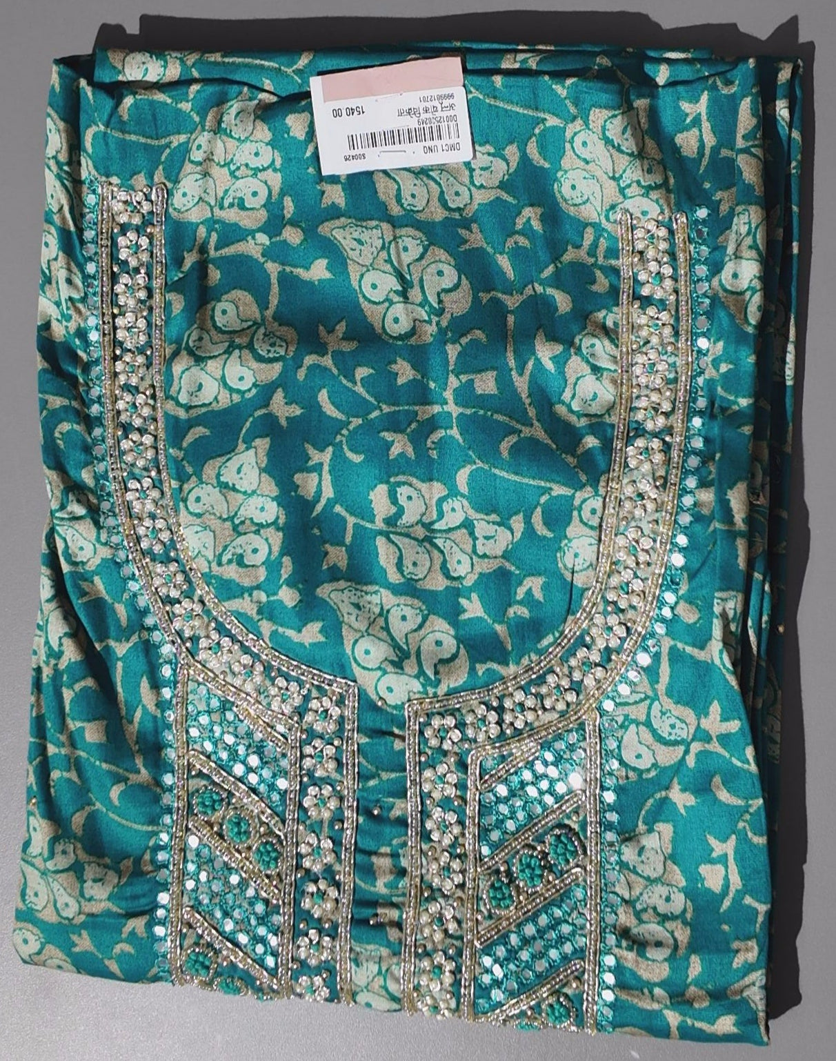 Opulent Teal Brocade Unstitched Suit with Intricate Embellishments