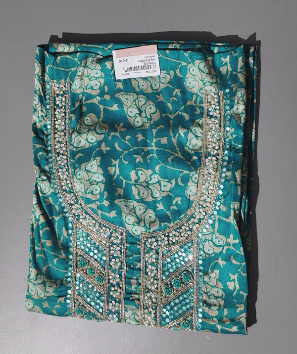Opulent Teal Brocade Unstitched Suit with Intricate Embellishments",