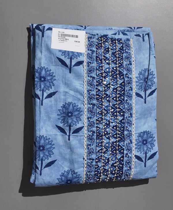 Azure Blossom Unstitched Suit: Artisanal Floral Elegance",