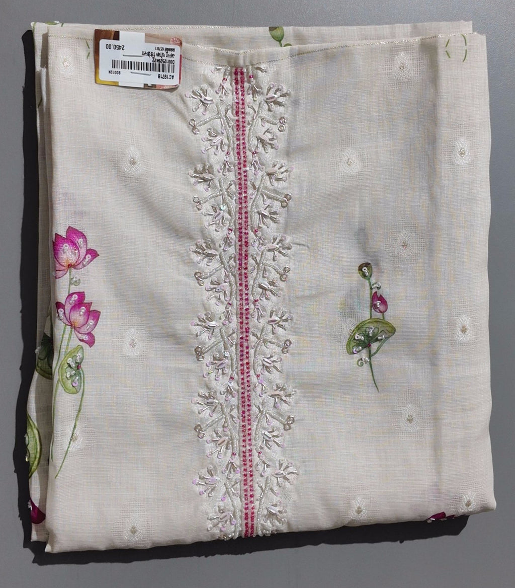 Exquisite Lotus Embroidered Unstitched Suit in Ivory Bliss