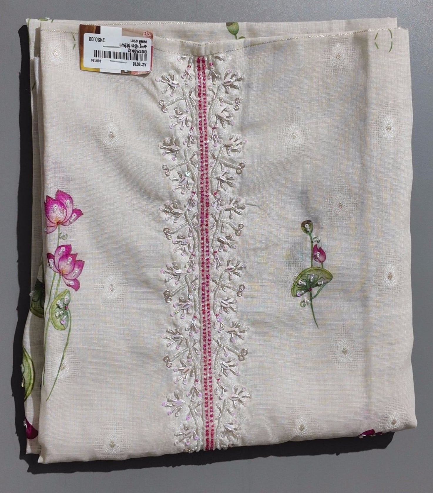 Exquisite Lotus Embroidered Unstitched Suit in Ivory Bliss