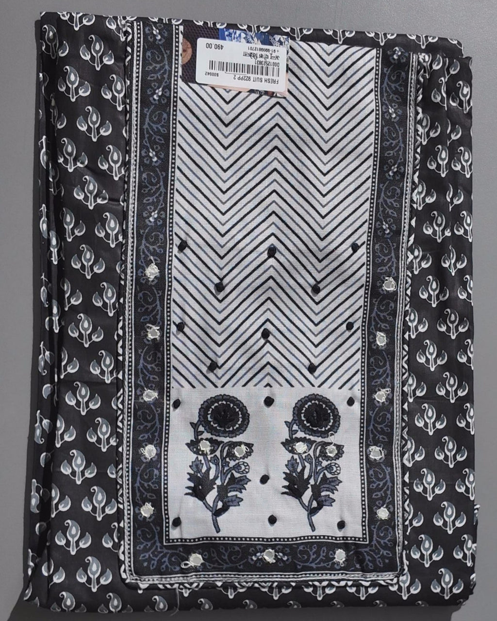 Monochrome Majestic: Unstitched Ensemble with Intricate Floral Designs