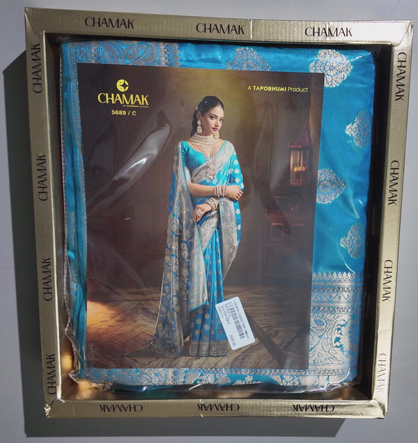 Regal Azure Banarasi Saree with Intricate Silver Weaving",