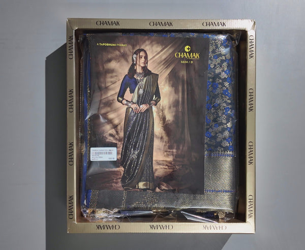 Midnight Blue Woven Splendor Saree with Metallic Accents",