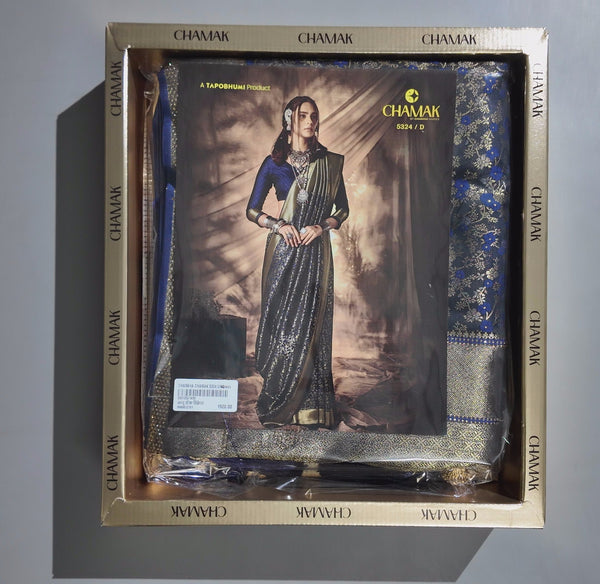 Mystic Midnight Blue Banarasi Saree with Gold Zari Accents",