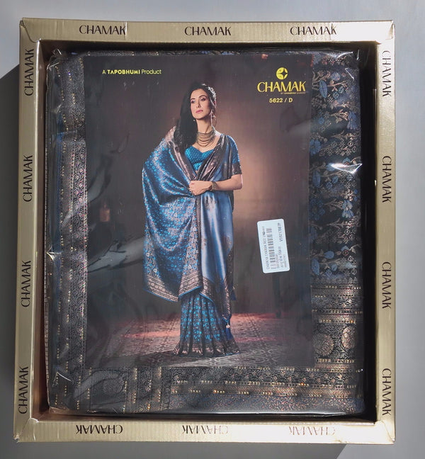Opulent Midnight Blue Saree with Intricate Silver Embellishments",
