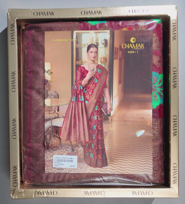 Chamak's Velvet Glimmer Saree with Floral Charm",